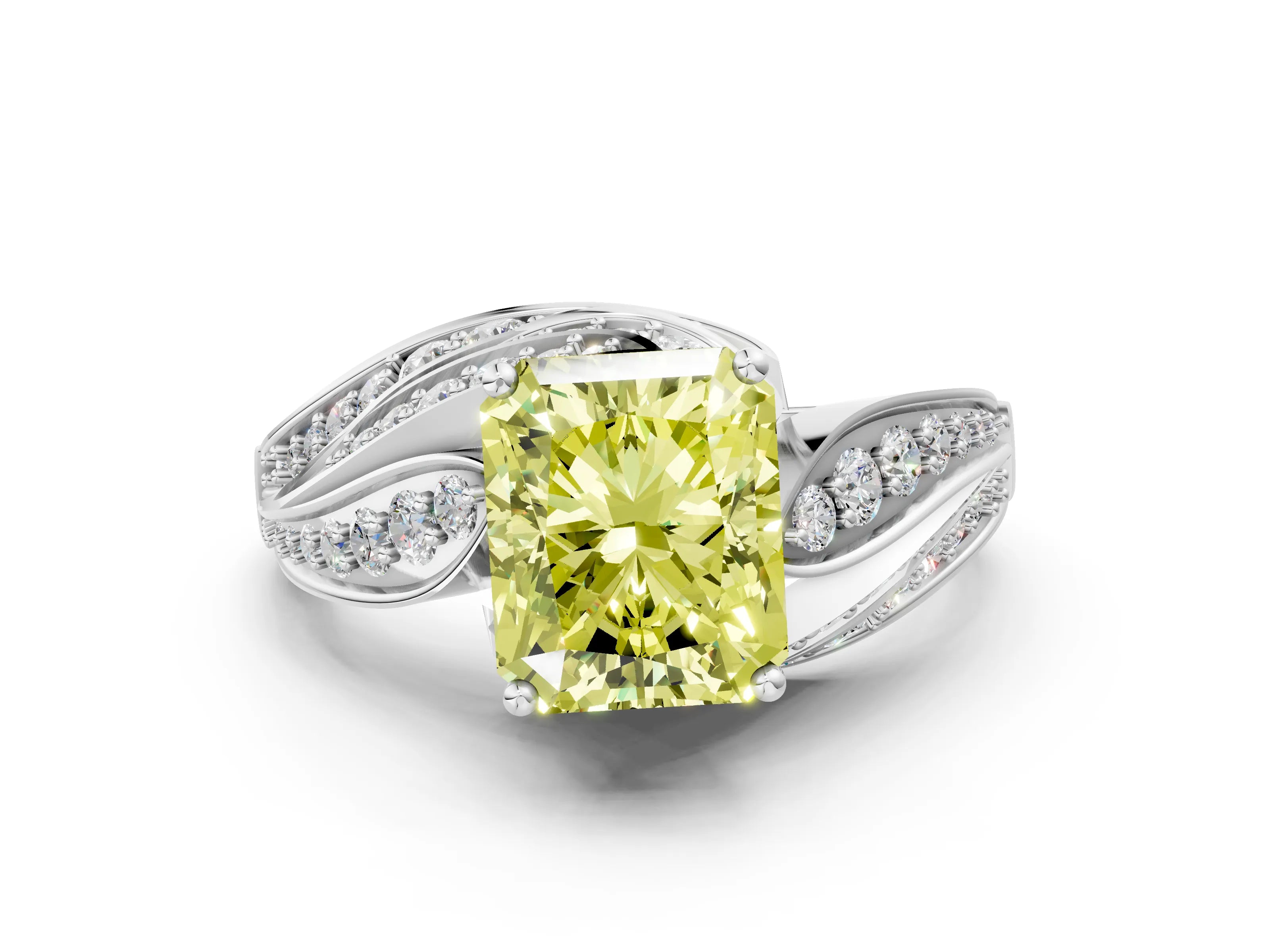 White gold Fancy Yellow Radiant Cut Diamond Solitaire Ring with Prong Setting and Twisted Pavé Band