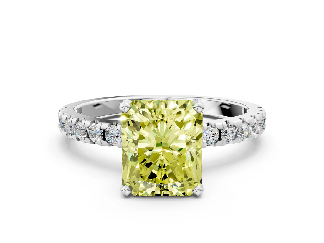 White gold Fancy Yellow Radiant Cut Diamond Solitaire Ring with Round  Pavé Band and Four-Prong Setting_72