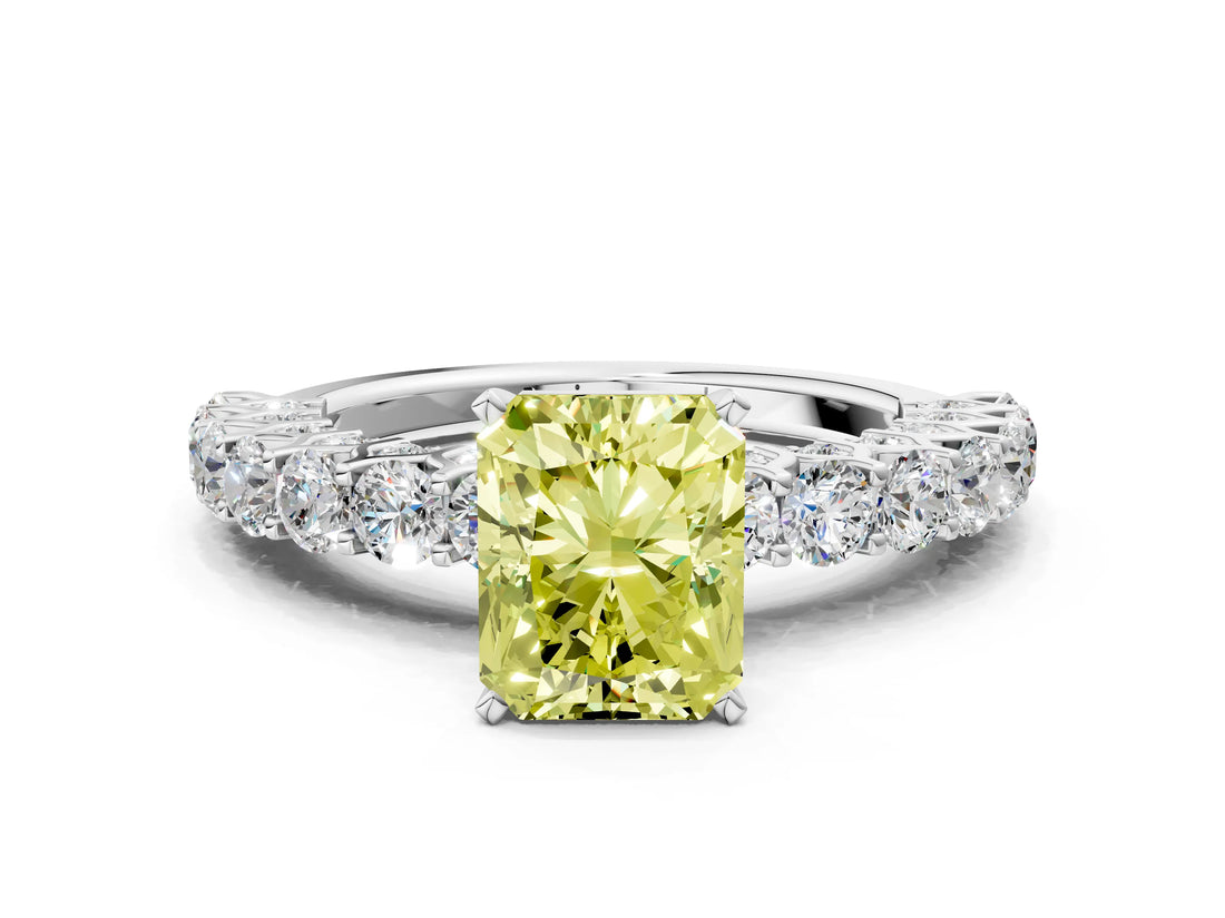 White gold Fancy Yellow Radiant Cut Diamond Solitaire Ring with Shared Prong Pavé Band and Four-Prong Setting_53