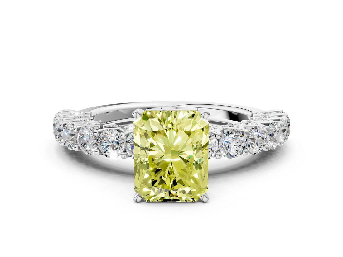 White gold Fancy Yellow Radiant Cut Diamond Solitaire Ring with Shared Prong Pavé Band and Four-Prong Setting_69