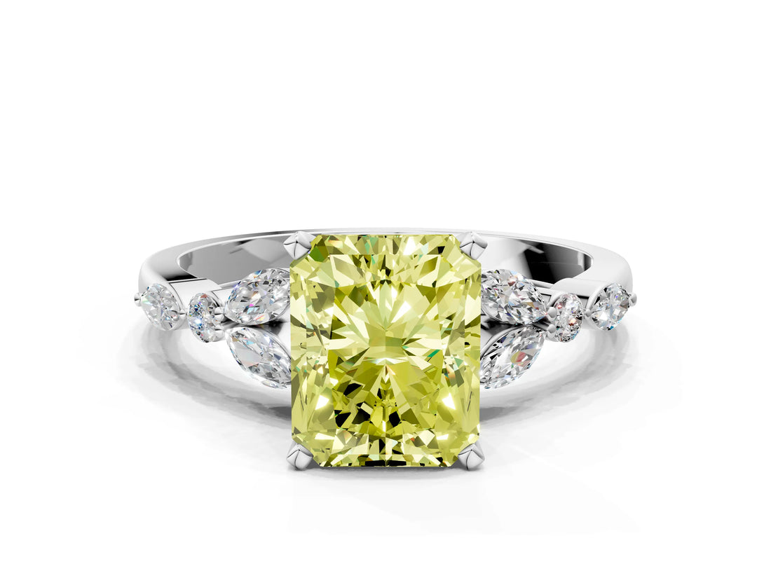 White gold Fancy Yellow Radiant Cut Diamond Solitaire Ring with Side Stones and Four-Prong Setting_85