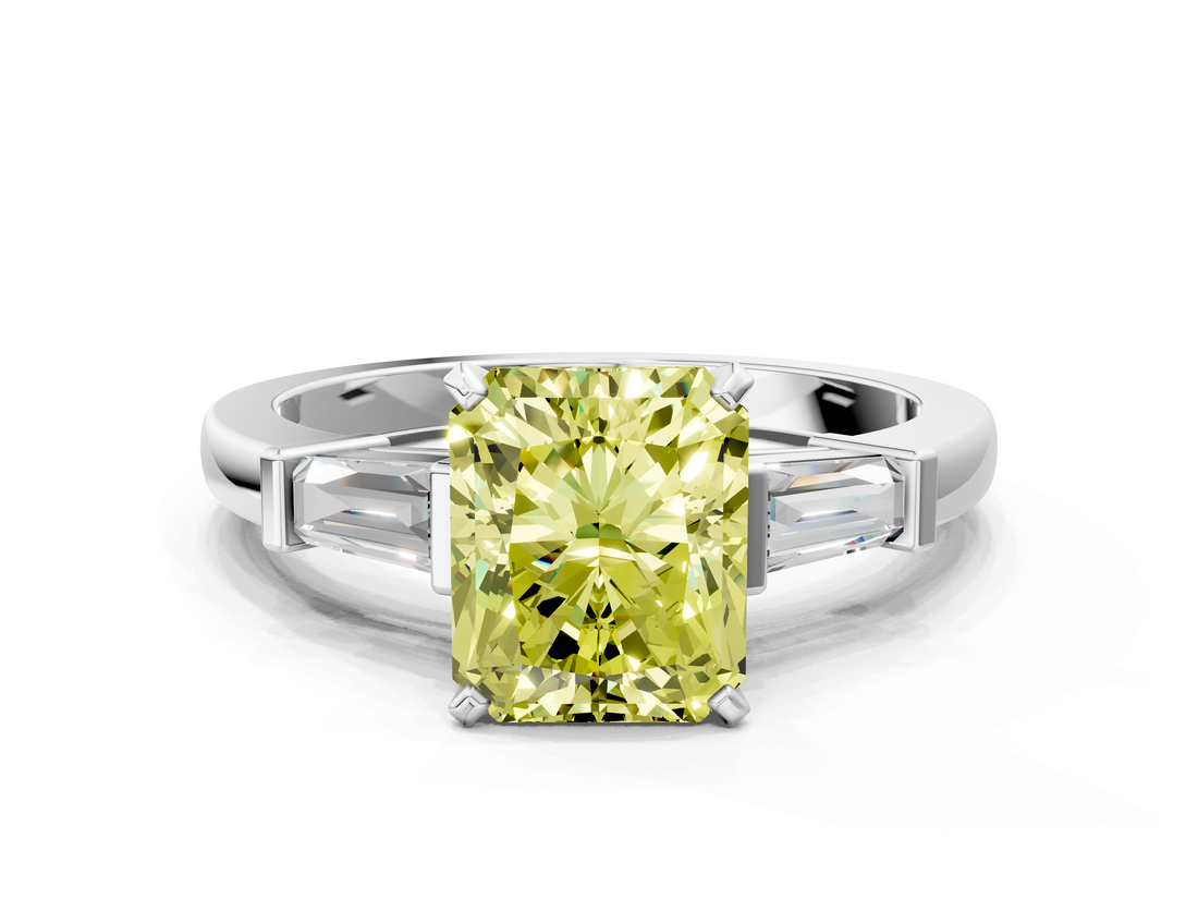 White gold Fancy Yellow Radiant  Cut Diamond Solitaire Ring with Tapered Baguette Accents and Four-Prong Setting_25