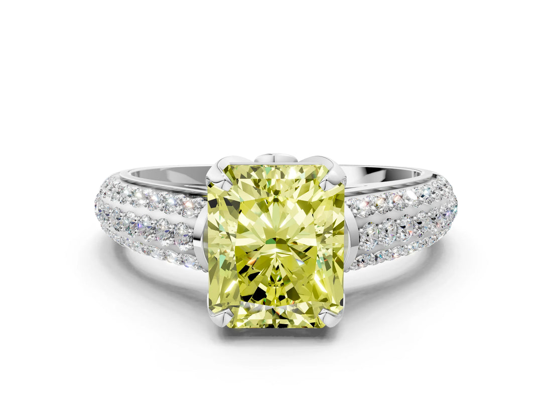 White gold Fancy Yellow Radiant Cut Diamond Solitaire Ring with Three-Row Pavé Band and Four-Prong Setting_49
