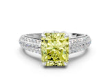 White gold Fancy Yellow Radiant Cut Diamond Solitaire Ring with Three-Row Pavé Band and Four-Prong Setting_49