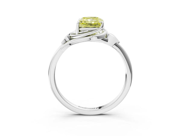 White gold Fancy Yellow Radiant Cut Diamond Solitaire Ring with Twist Band and Four-Prong Setting