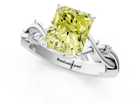 White gold Fancy Yellow Radiant Cut Diamond Solitaire Ring with Twisted Band and Prong Setting_254