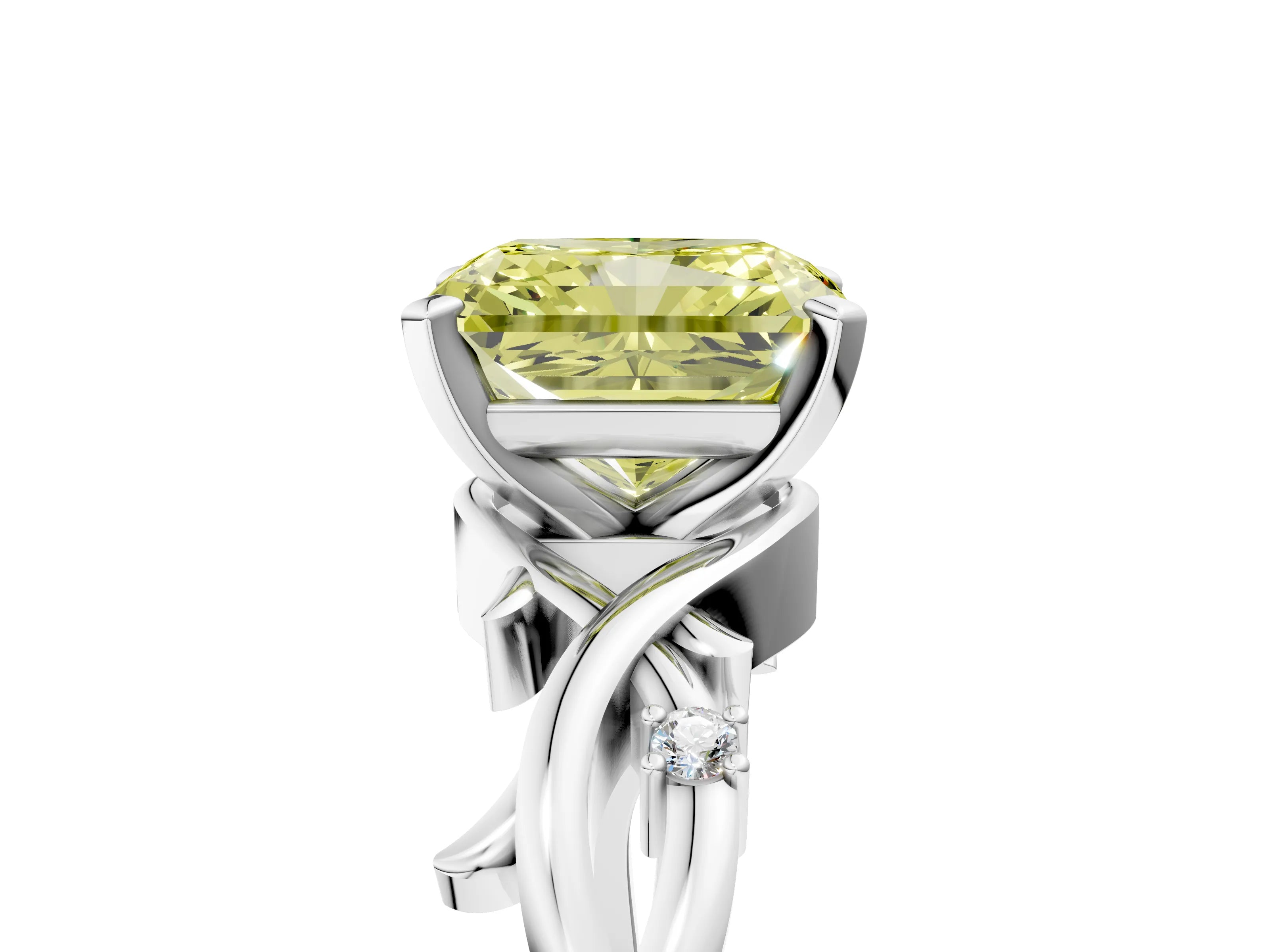White gold Fancy Yellow Radiant Cut Diamond Solitaire Ring with Twisted Band and Prong Setting_258