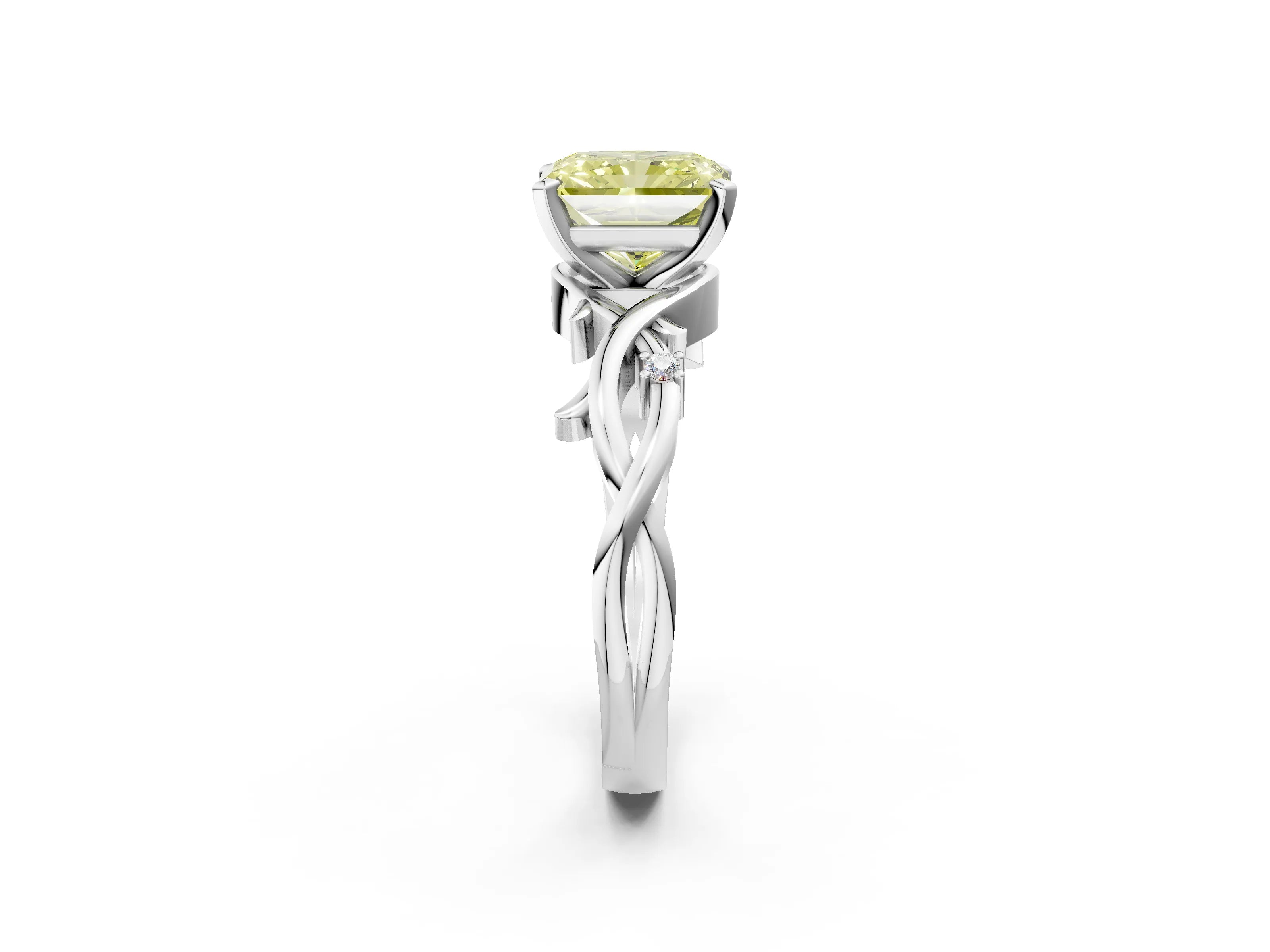 White gold Fancy Yellow Radiant Cut Diamond Solitaire Ring with Twisted Band and Prong Setting_263