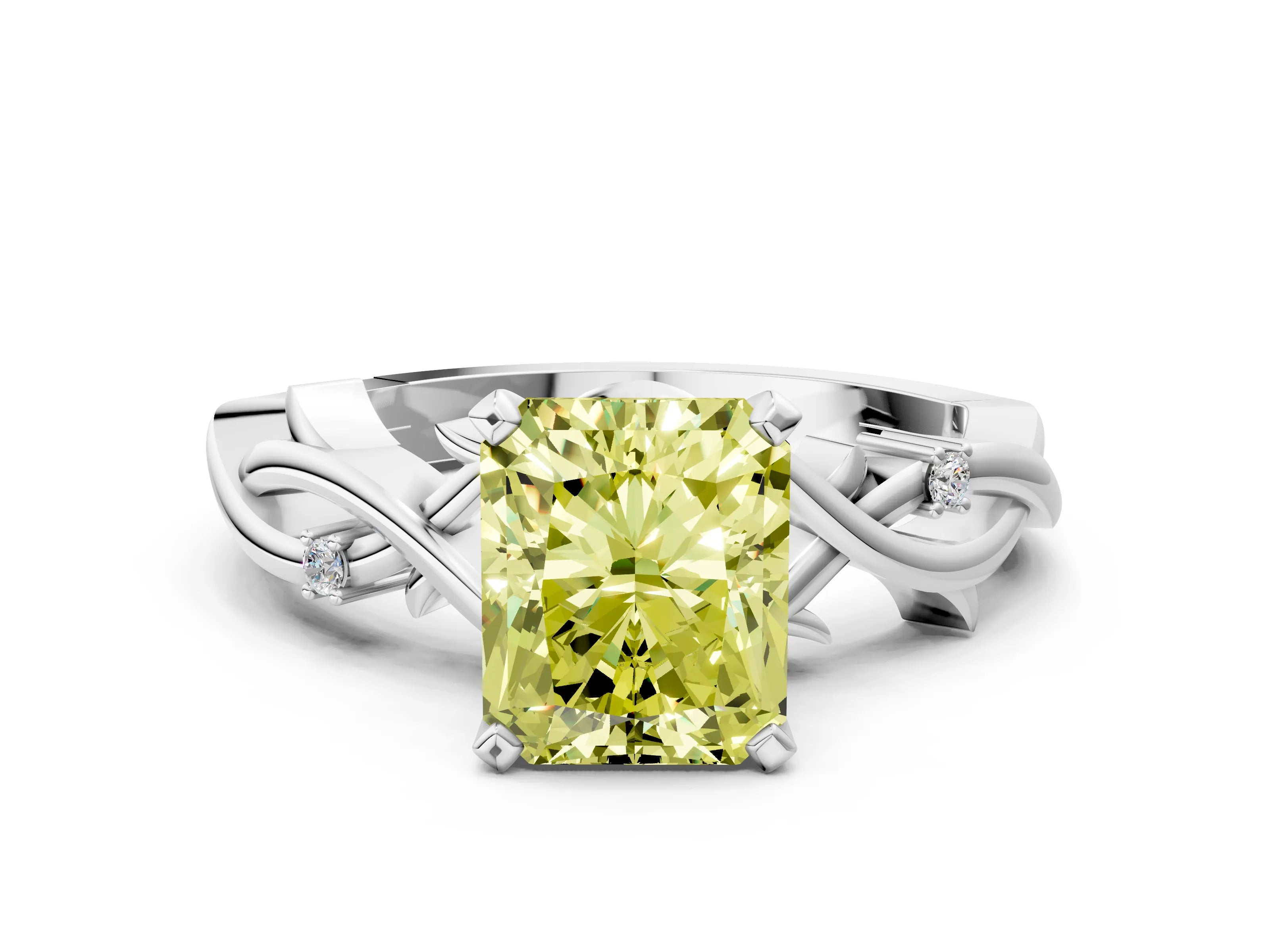 White gold Fancy Yellow Radiant Cut Diamond Solitaire Ring with Twisted Band and Prong Setting_265