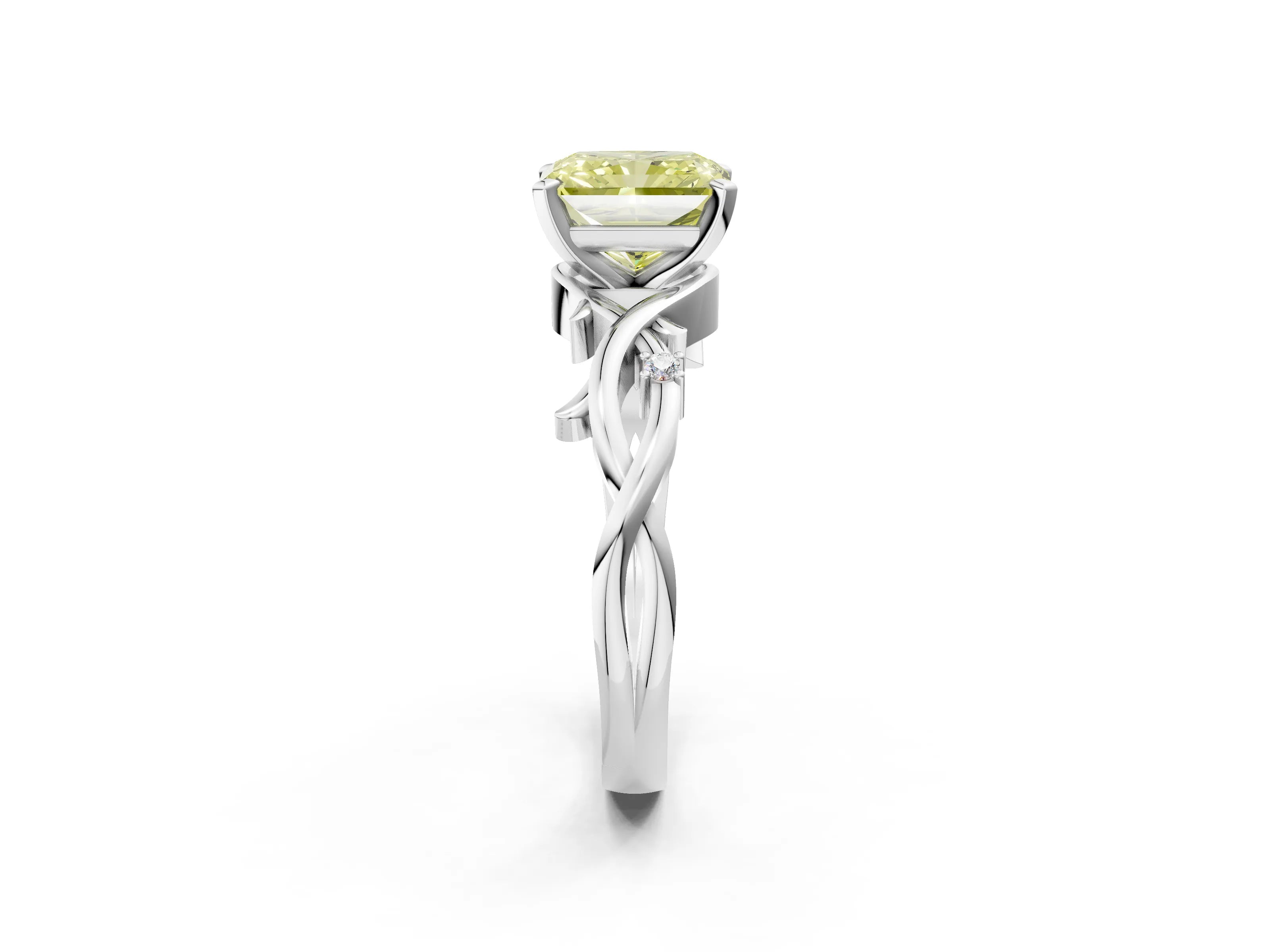 White gold Fancy Yellow Radiant Cut Diamond Solitaire Ring with Twisted Band and Prong Setting_267