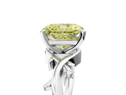 White gold Fancy Yellow Radiant Cut Diamond Solitaire Ring with Twisted Band and Prong Setting_270