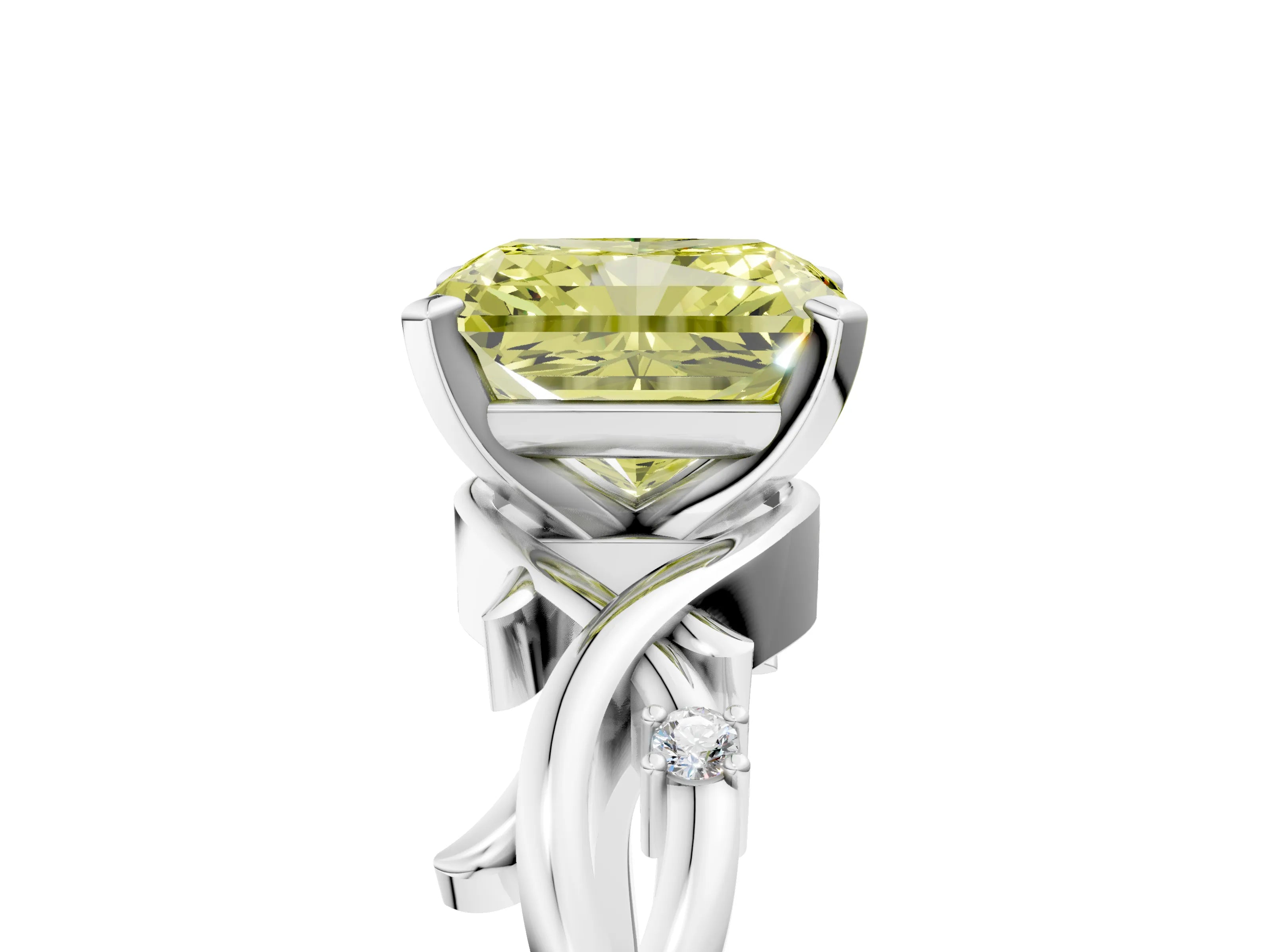 White gold Fancy Yellow Radiant Cut Diamond Solitaire Ring with Twisted Band and Prong Setting_272