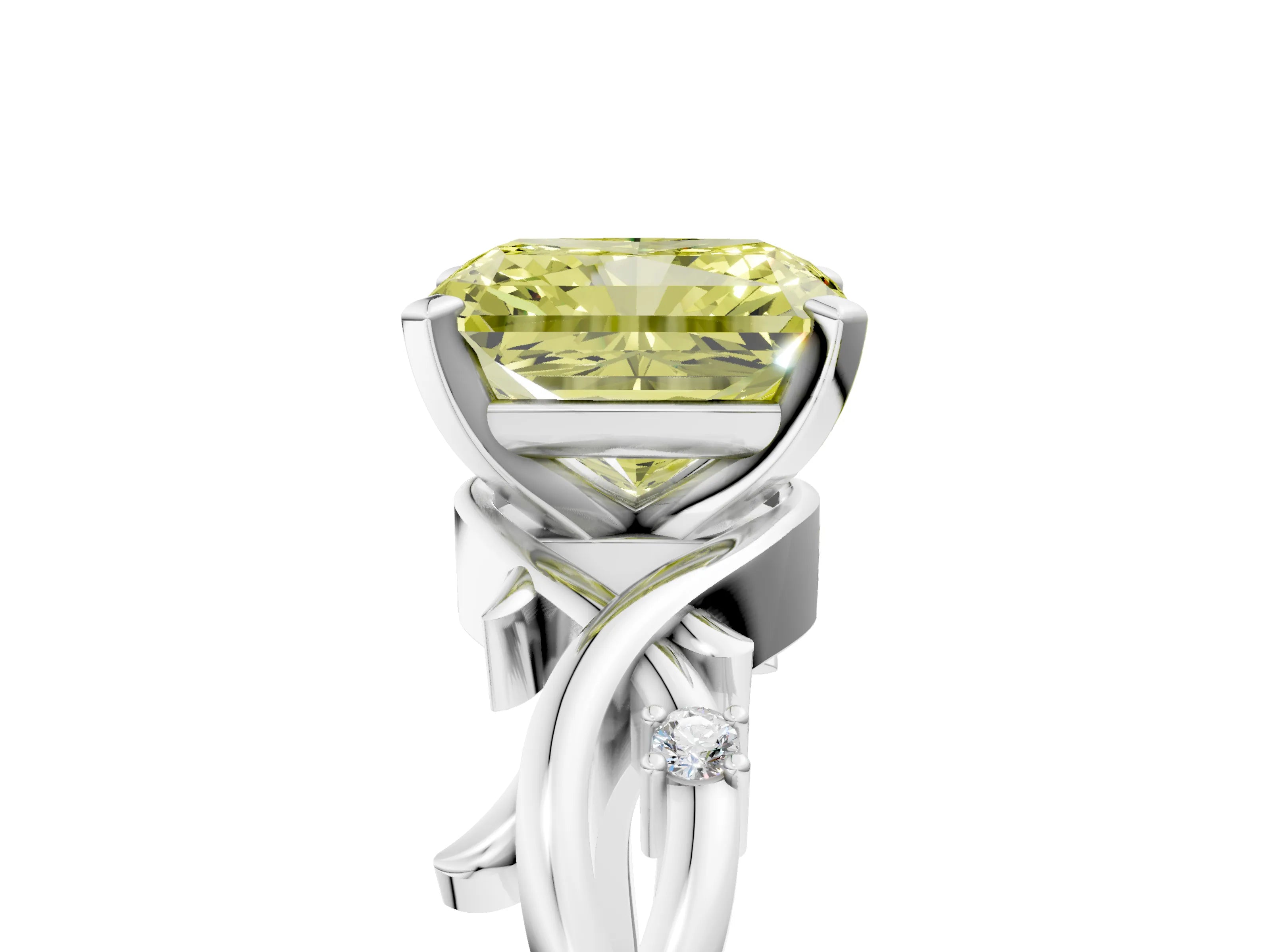 White gold Fancy Yellow Radiant Cut Diamond Solitaire Ring with Twisted Band and Prong Setting_275