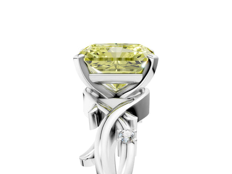 White gold Fancy Yellow Radiant Cut Diamond Solitaire Ring with Twisted Band and Prong Setting_276