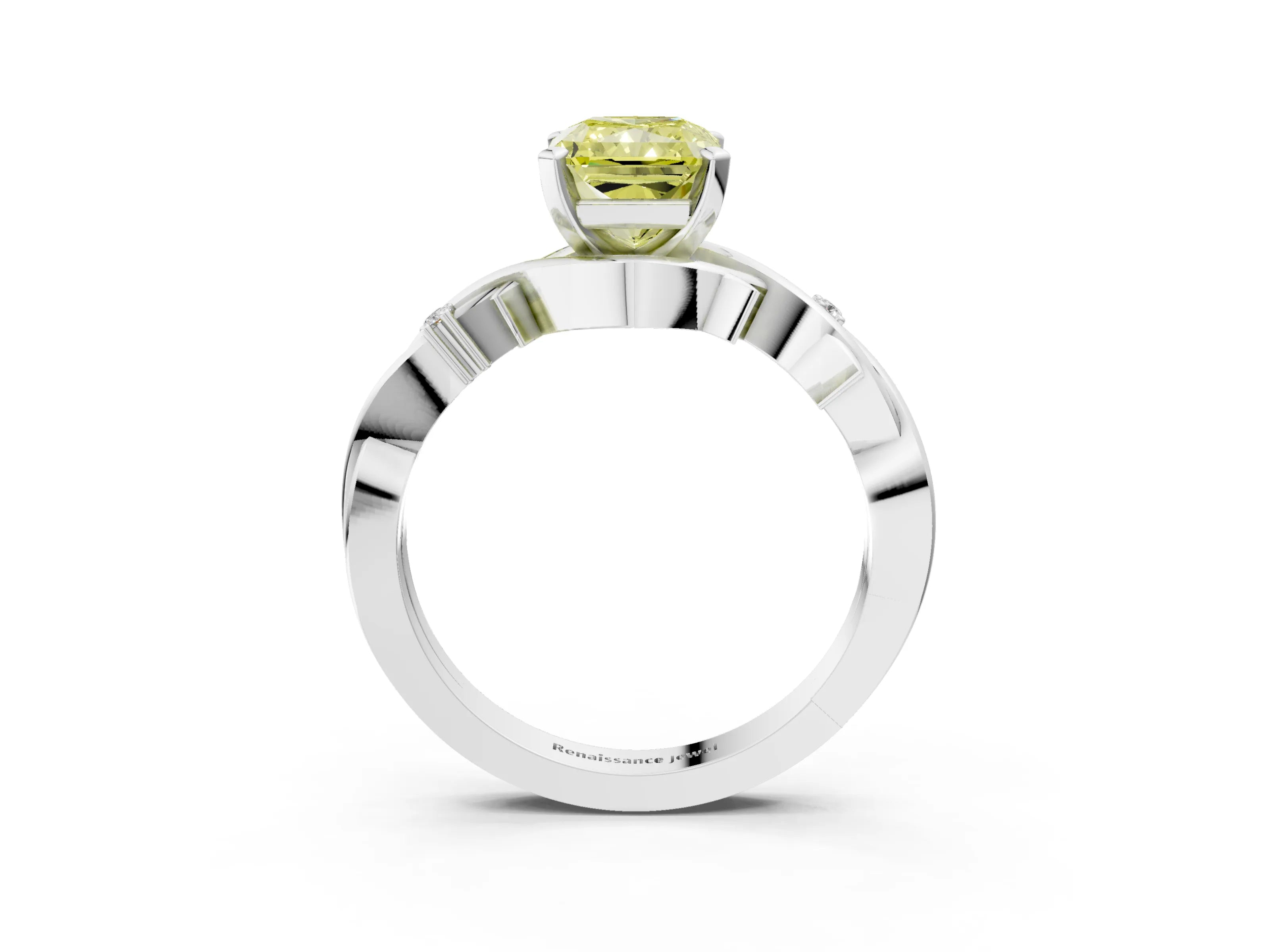 White gold Fancy Yellow Radiant Cut Diamond Solitaire Ring with Twisted Band and Prong Setting_276