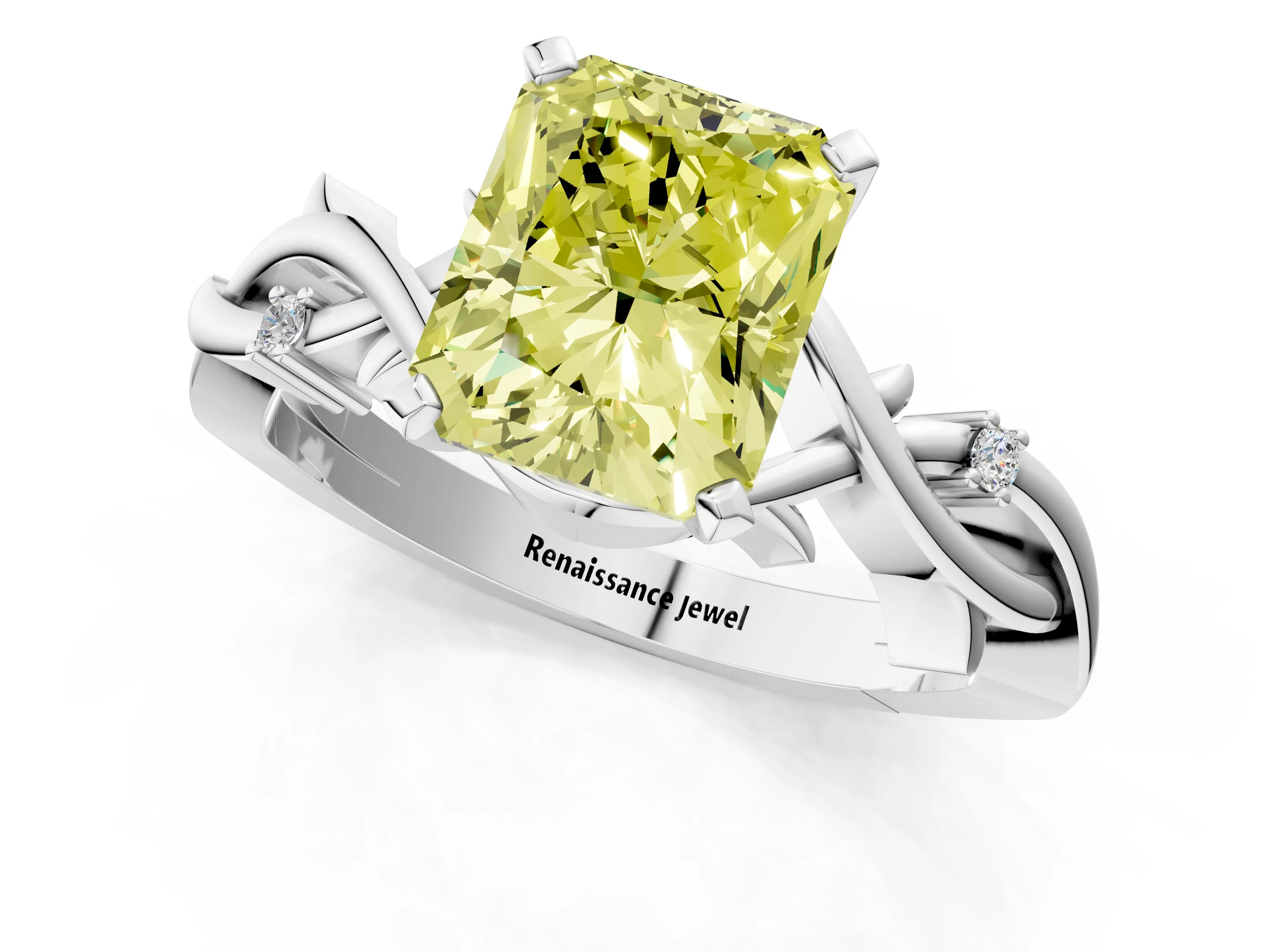White gold Fancy Yellow Radiant Cut Diamond Solitaire Ring with Twisted Band and Prong Setting_278