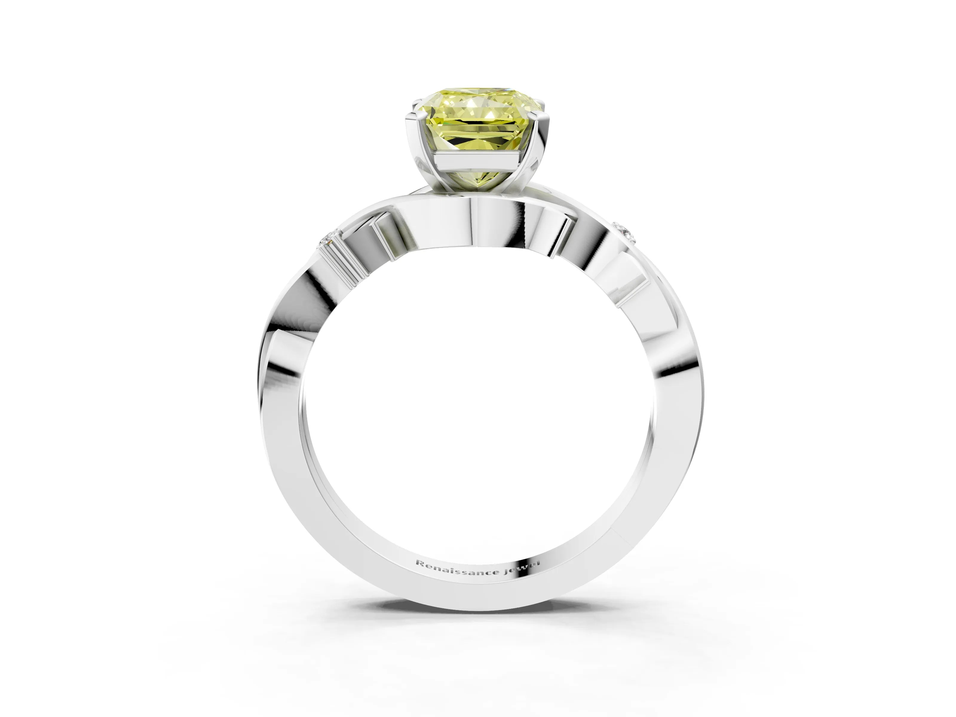 White gold Fancy Yellow Radiant Cut Diamond Solitaire Ring with Twisted Band and Prong Setting_279