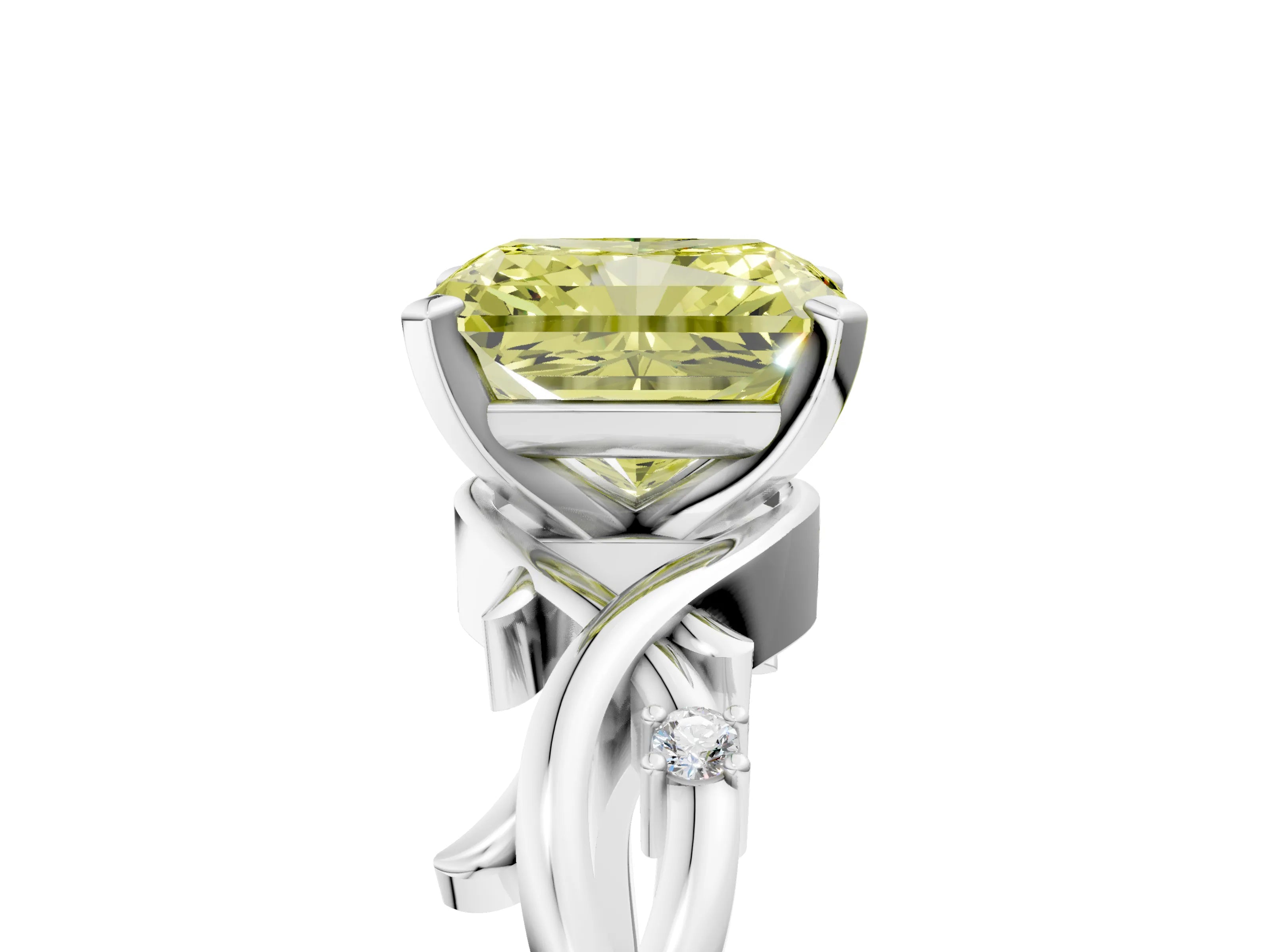 White gold Fancy Yellow Radiant Cut Diamond Solitaire Ring with Twisted Band and Prong Setting_282