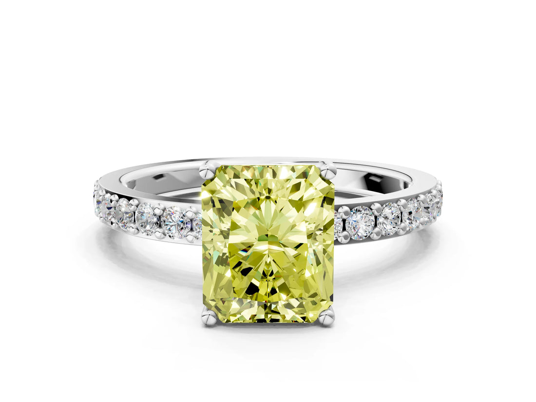 White gold Fancy Yellow Radiant  Cut Diamond Solitaire with Pave Band and Four-Prong Setting 1