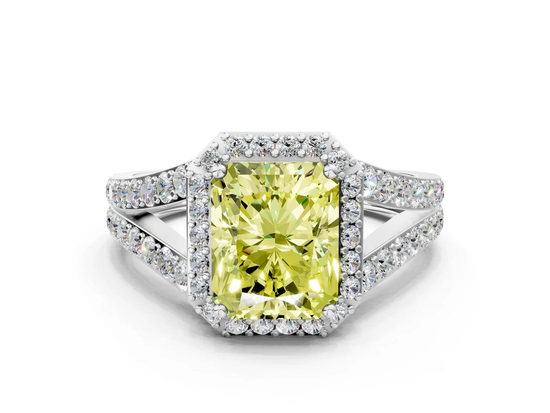 White gold Fancy Yellow Radiant Cut Diamond Split Shank Halo Ring with Four-Prong Setting_70