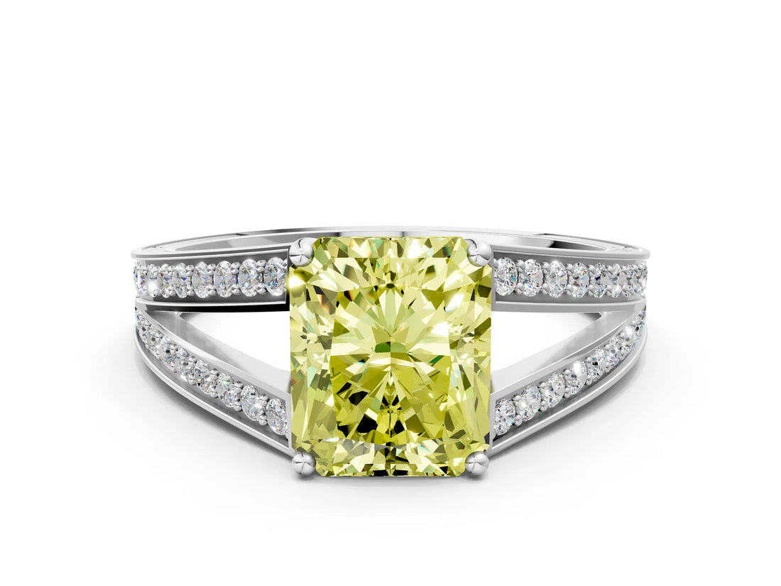 White gold Fancy Yellow Radiant Cut Diamond Split Shank Ring with Pavé Band and Four-Prong Setting_52
