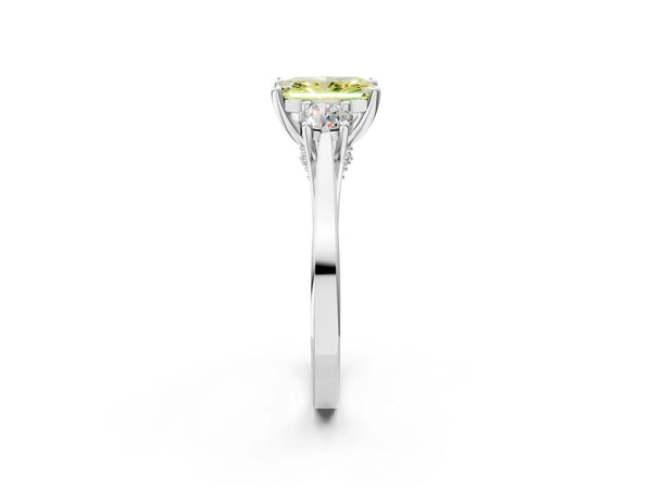 White gold Fancy Yellow Radiant Cut Diamond Three-Stone Engagement Ring with Prong Setting and Pavé Band