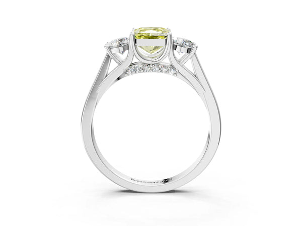 White gold Fancy Yellow Radiant Cut Diamond Three-Stone Engagement Ring with Prong Setting and Pavé Band