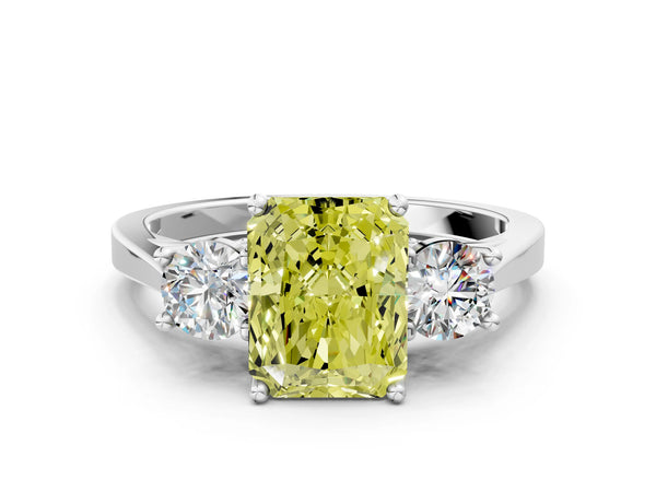 White gold Fancy Yellow Radiant Cut Diamond Three-Stone Engagement Ring with Prong Setting and Pavé Band