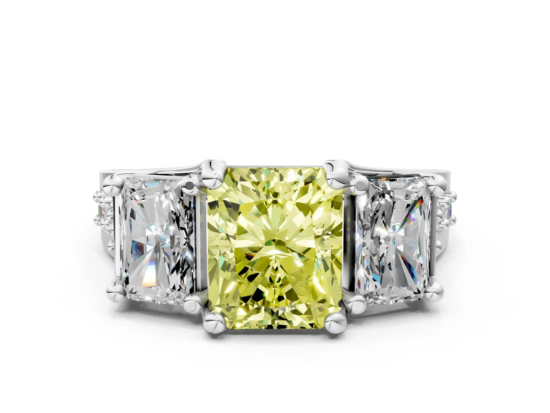 White gold Fancy Yellow Radiant Cut Diamond Three-Stone Ring with Channel Set Band and Four-Prong Setting_61