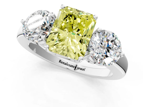 Platinum Fancy Yellow Radiant Cut Diamond Three-Stone Ring with Prong Setting and Classic Band