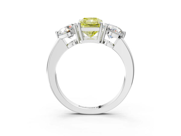 Platinum Fancy Yellow Radiant Cut Diamond Three-Stone Ring with Prong Setting and Classic Band
