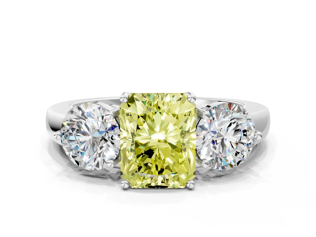 White gold Fancy Yellow Radiant Cut Diamond Three-Stone Ring with Prong Setting and Classic Band_99