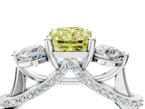 White gold Fancy Yellow Radiant Cut Diamond Three-Stone Ring with Prong Setting and Pavé Band_4