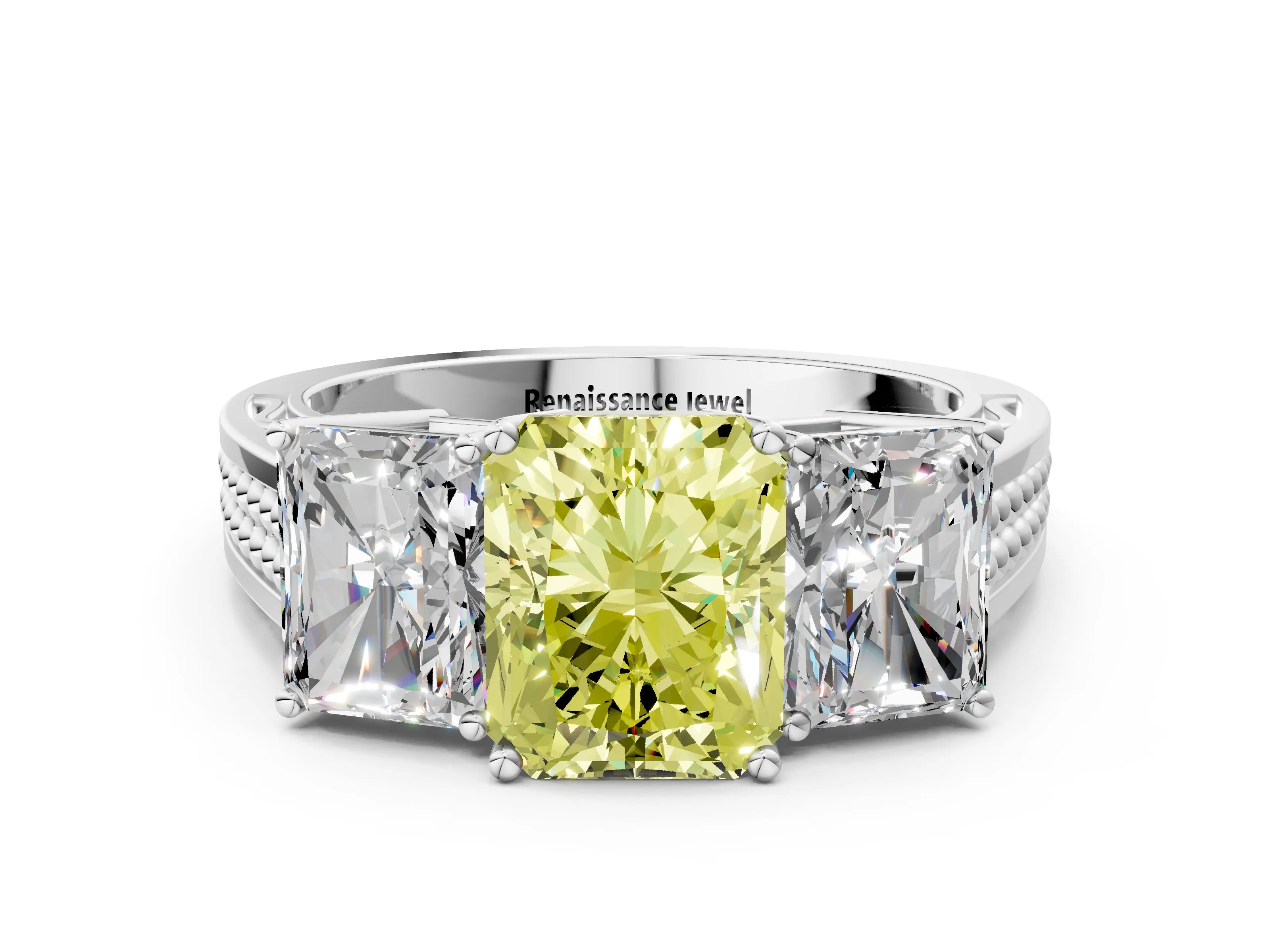 White gold Fancy Yellow Radiant Cut Diamond Three-Stone Ring with Prong Setting and Textured Band