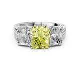 White gold Fancy Yellow Radiant Cut Diamond Three-Stone Ring with Prong Setting and Textured Band_12