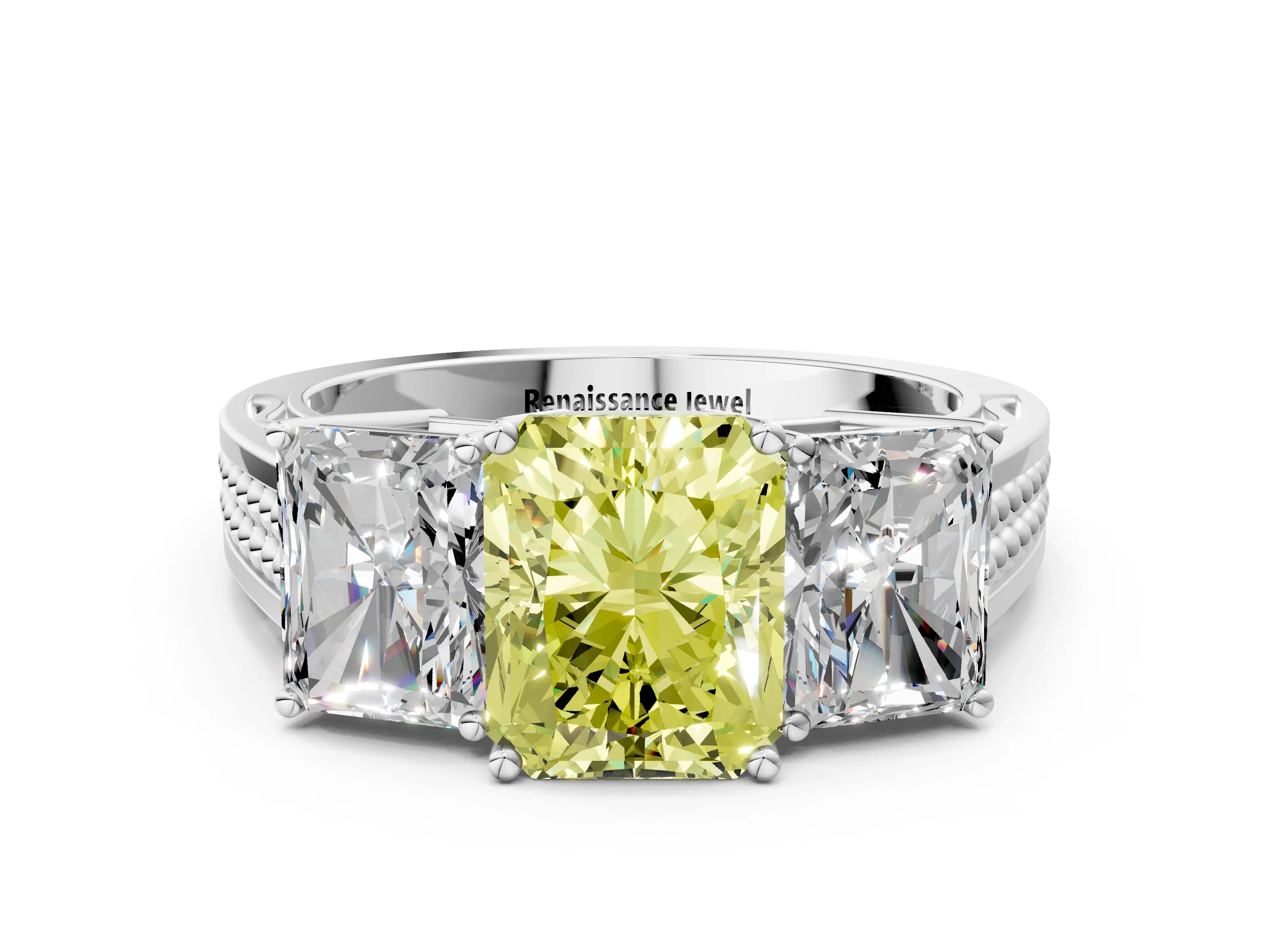 White gold Fancy Yellow Radiant Cut Diamond Three-Stone Ring with Prong Setting and Textured Band_12