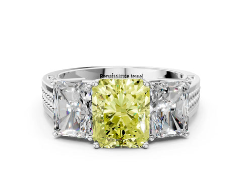 White gold Fancy Yellow Radiant Cut Diamond Three-Stone Ring with Prong Setting and Textured Band_12