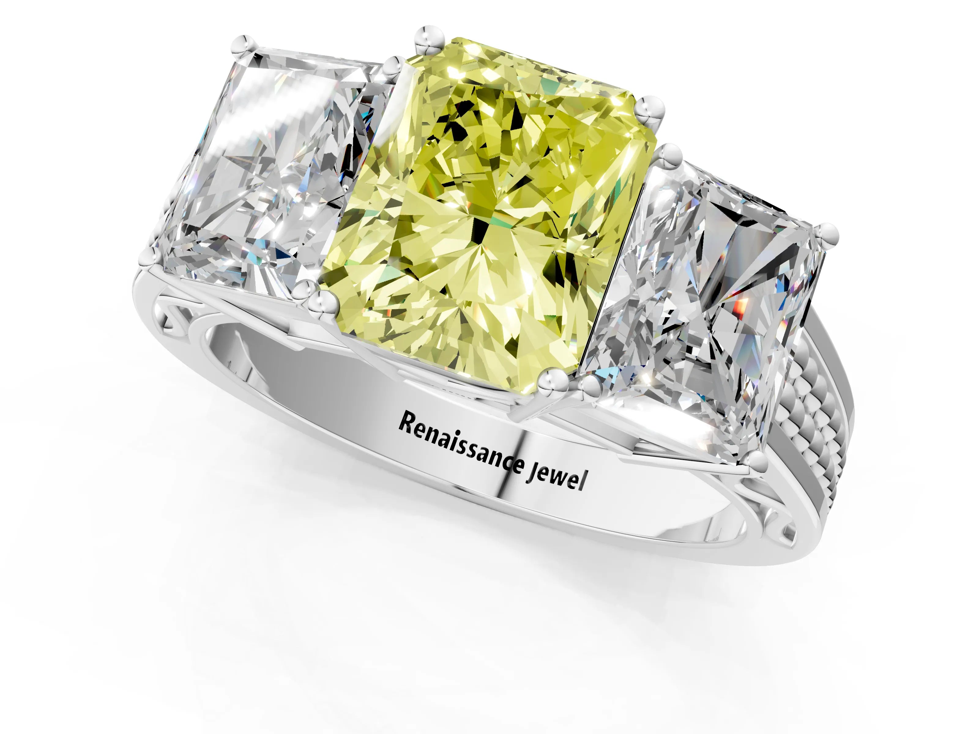 White gold Fancy Yellow Radiant Cut Diamond Three-Stone Ring with Prong Setting and Textured Band_13