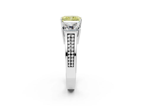 White gold Fancy Yellow Radiant Cut Diamond Three-Stone Ring with Prong Setting and Textured Band_14