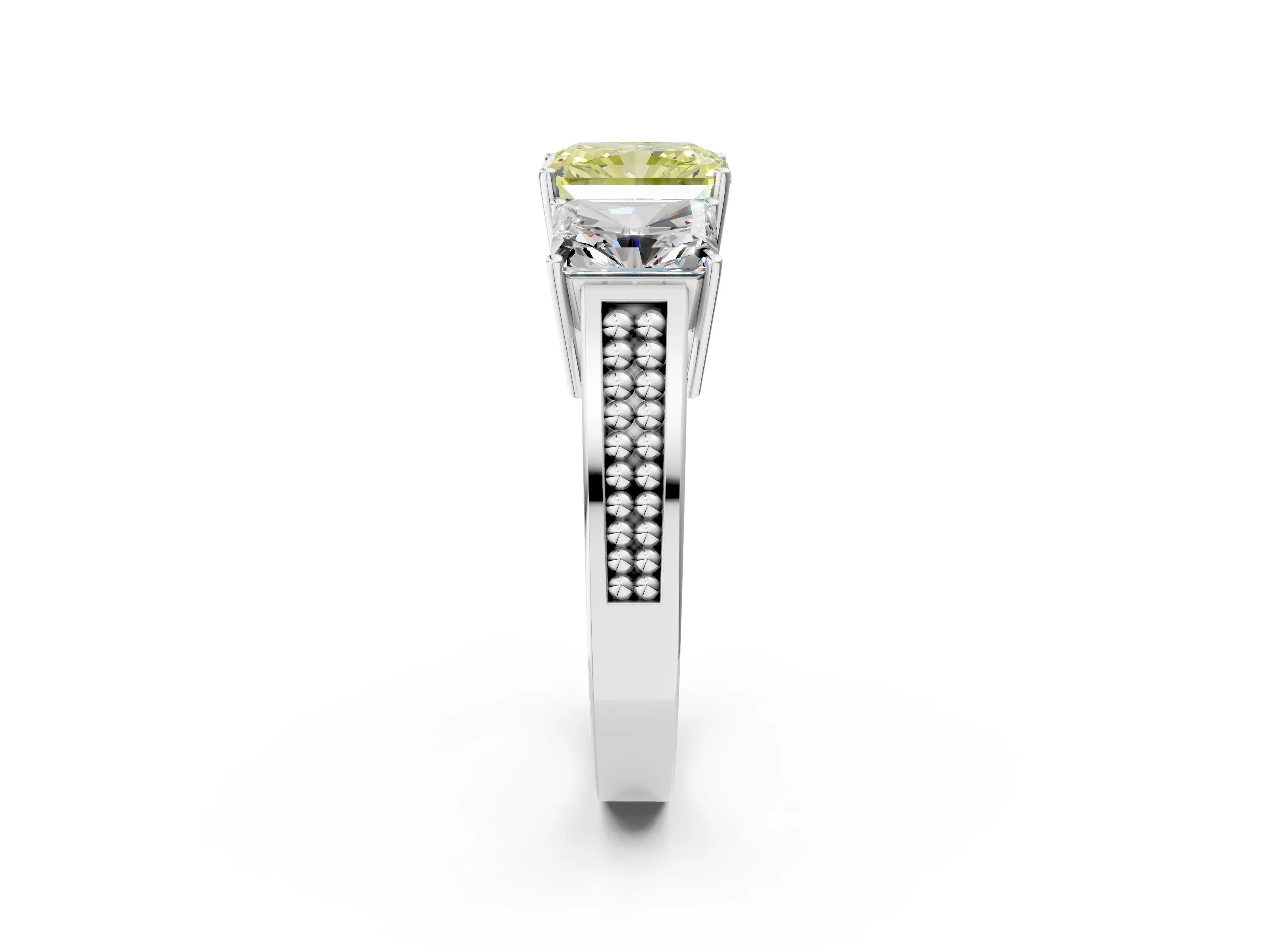 White gold Fancy Yellow Radiant Cut Diamond Three-Stone Ring with Prong Setting and Textured Band_14