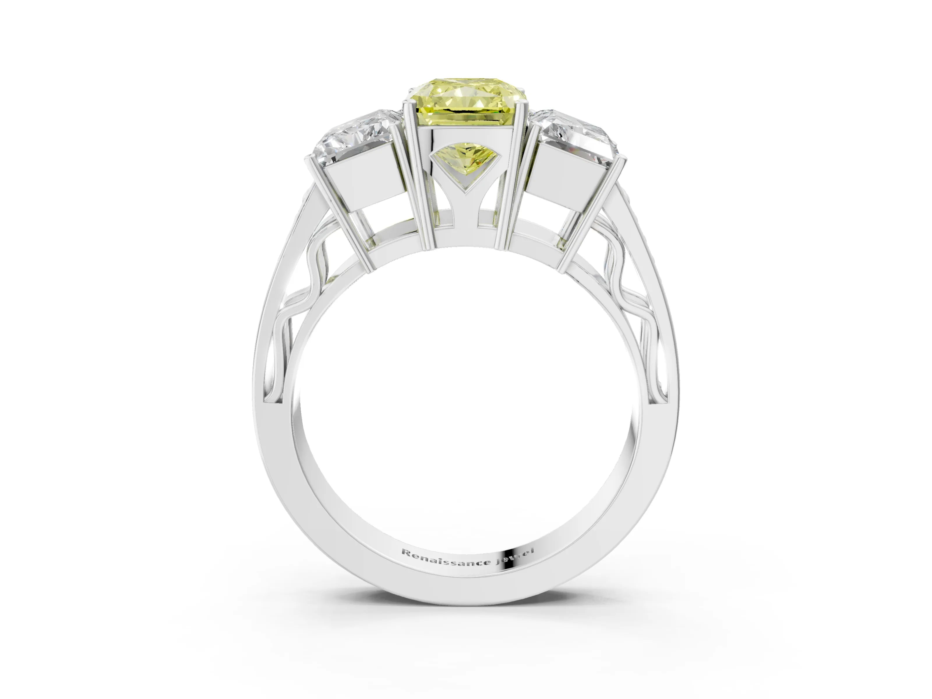 White gold Fancy Yellow Radiant Cut Diamond Three-Stone Ring with Prong Setting and Textured Band_15