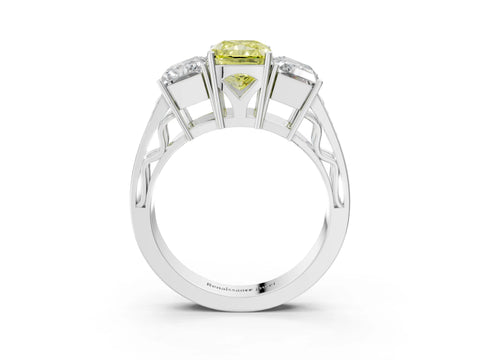 White gold Fancy Yellow Radiant Cut Diamond Three-Stone Ring with Prong Setting and Textured Band_15