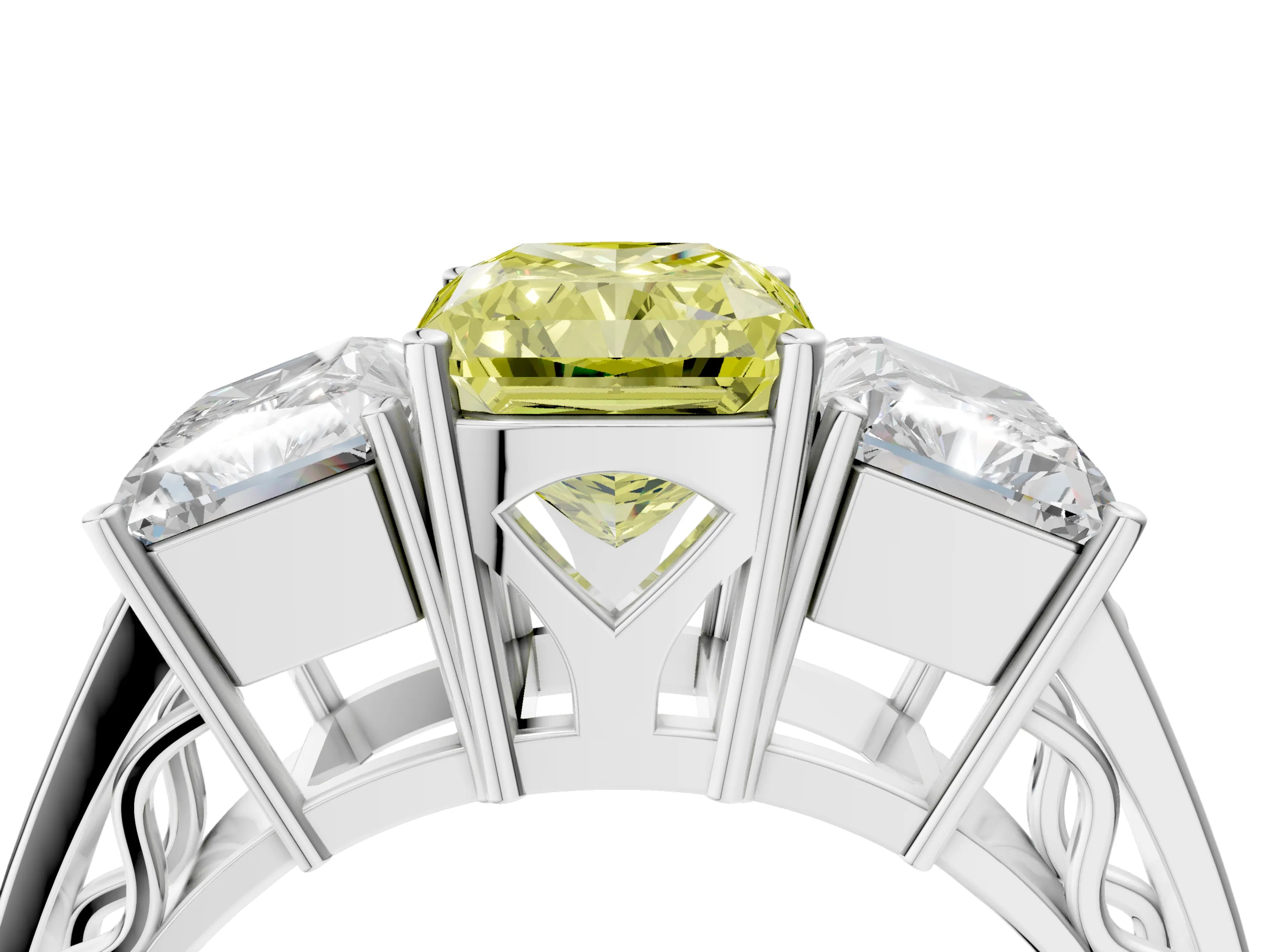 White gold Fancy Yellow Radiant Cut Diamond Three-Stone Ring with Prong Setting and Textured Band_16