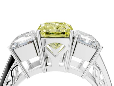 White gold Fancy Yellow Radiant Cut Diamond Three-Stone Ring with Prong Setting and Textured Band_16