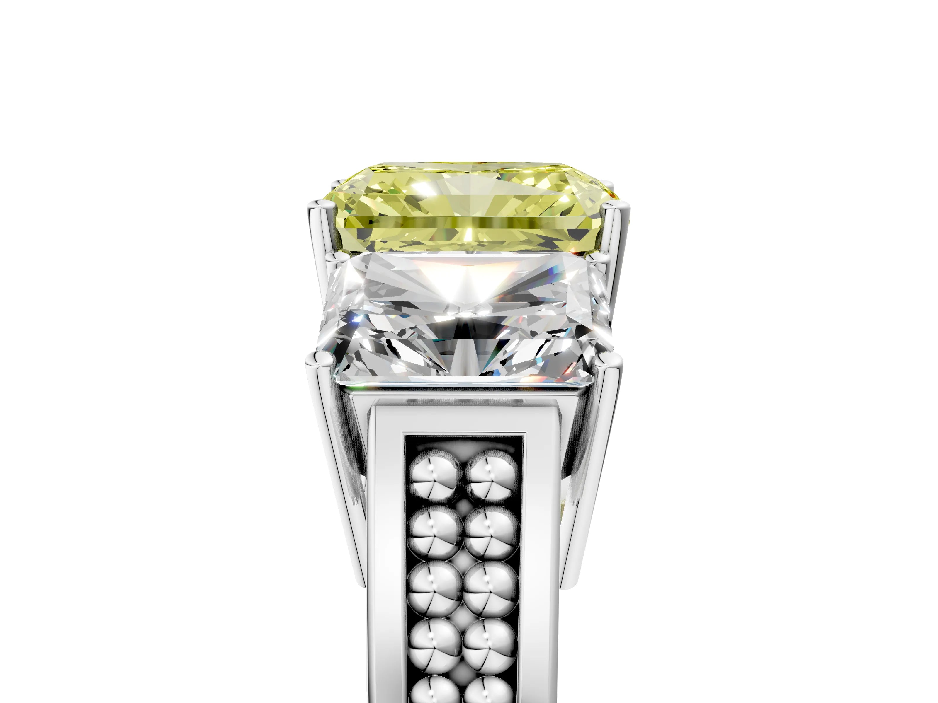 White gold Fancy Yellow Radiant Cut Diamond Three-Stone Ring with Prong Setting and Textured Band_17