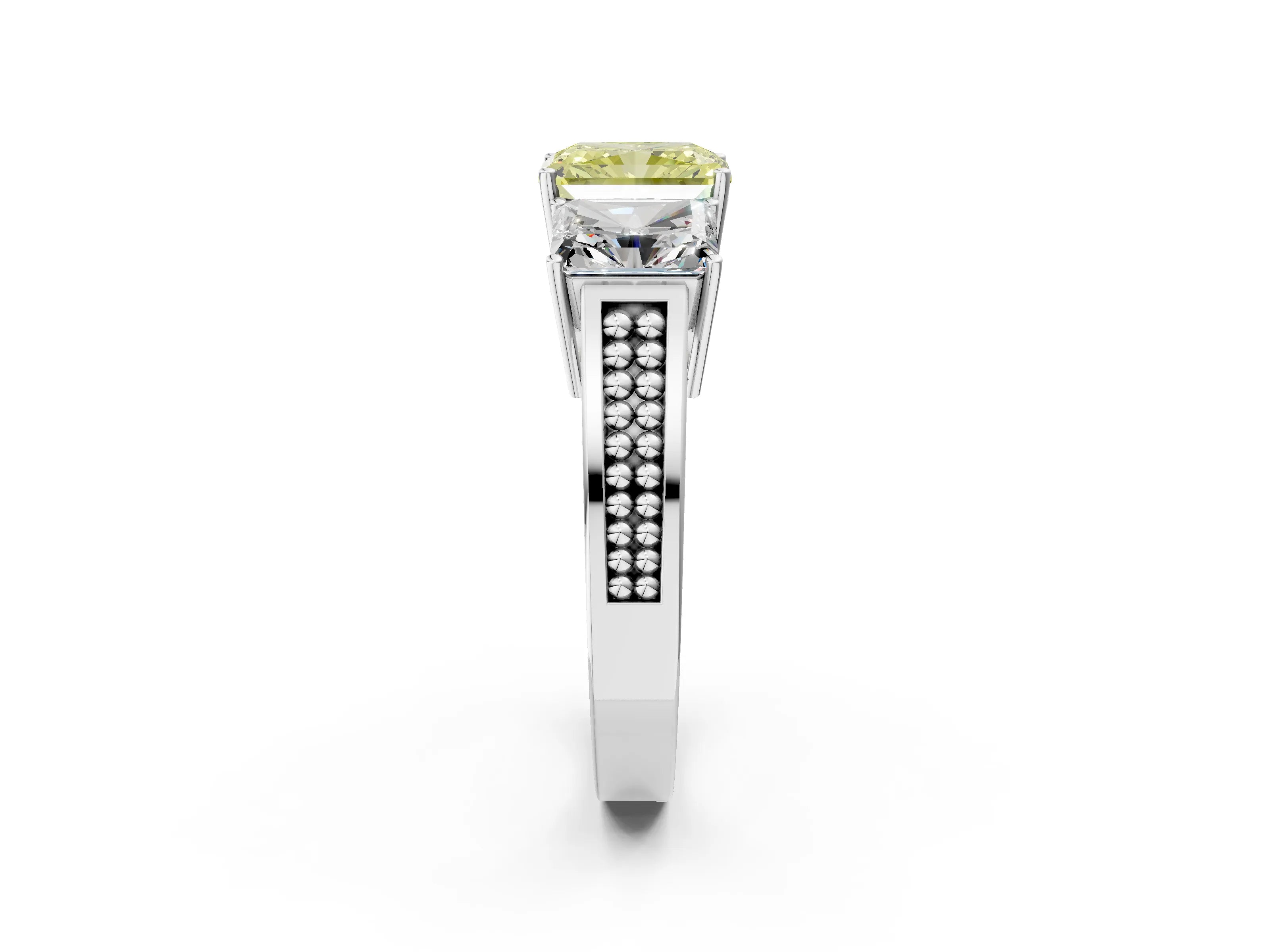 White gold Fancy Yellow Radiant Cut Diamond Three-Stone Ring with Prong Setting and Textured Band_2
