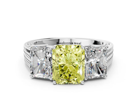 White gold Fancy Yellow Radiant Cut Diamond Three-Stone Ring with Prong Setting and Textured Band