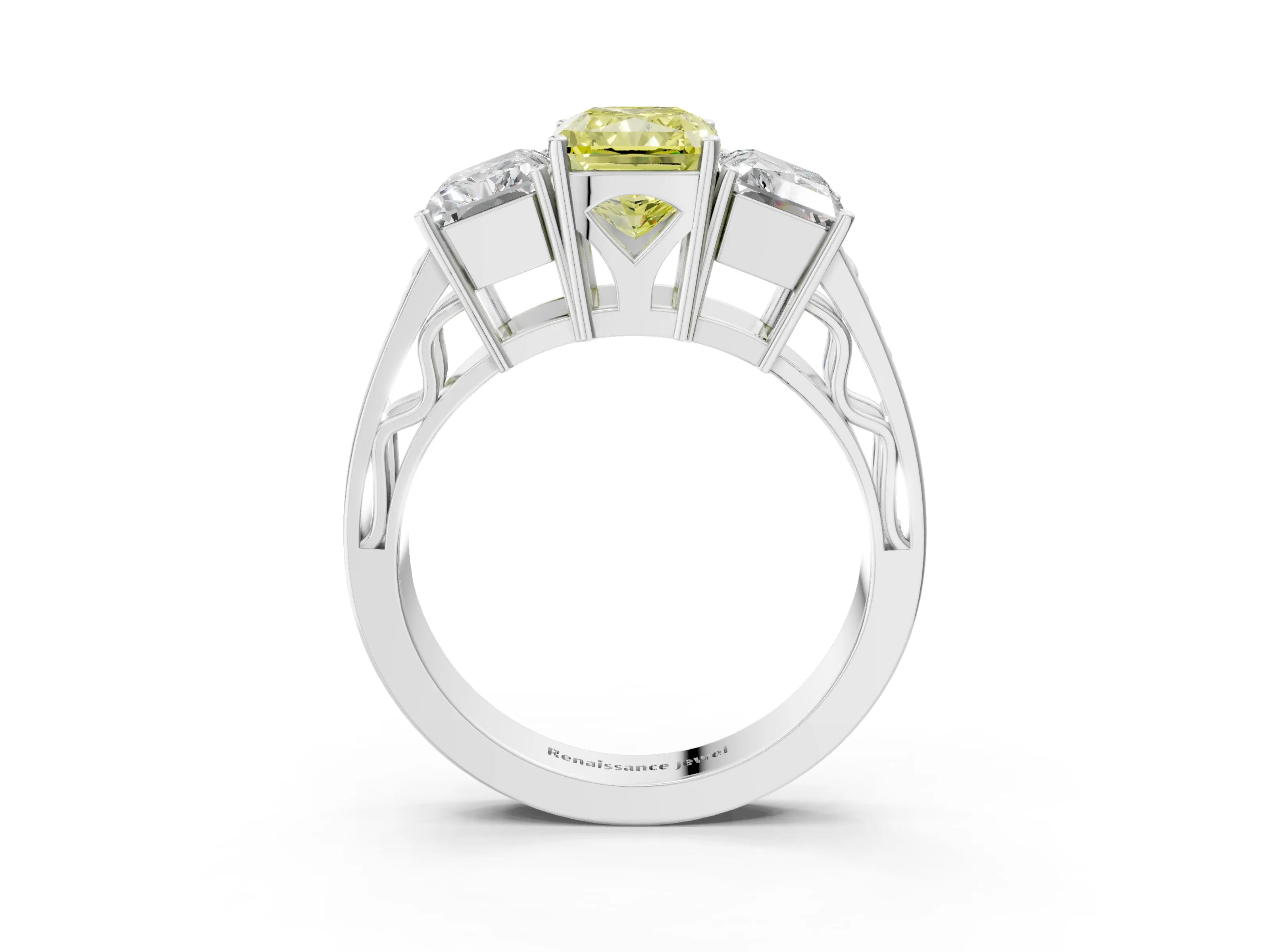 White gold Fancy Yellow Radiant Cut Diamond Three-Stone Ring with Prong Setting and Textured Band_3