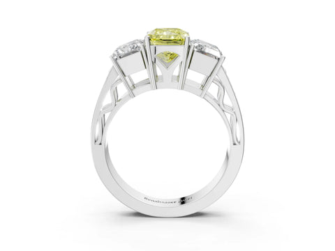 White gold Fancy Yellow Radiant Cut Diamond Three-Stone Ring with Prong Setting and Textured Band_3