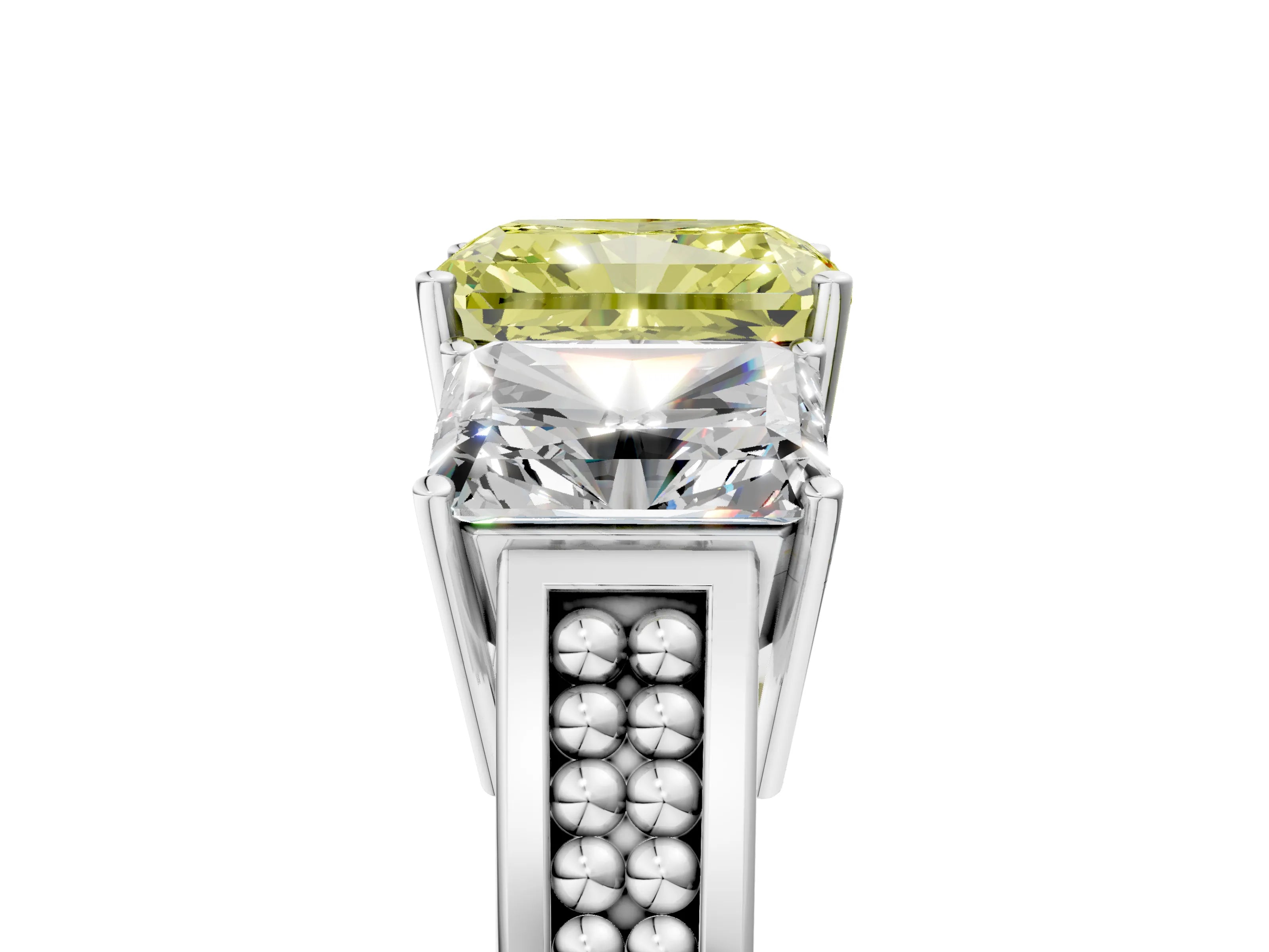 White gold Fancy Yellow Radiant Cut Diamond Three-Stone Ring with Prong Setting and Textured Band_5